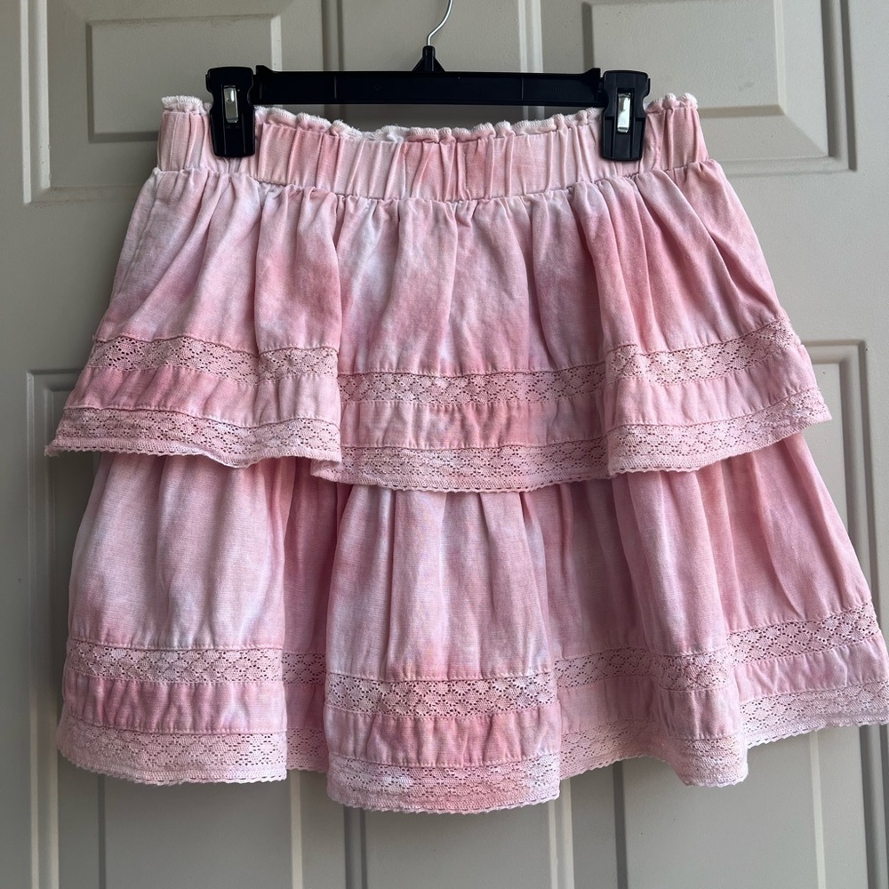 Chelsea & Violet Linen Blend Pink Cottagecore Tiered Lace Mini Skirt Size M - Picture 5 of 7
